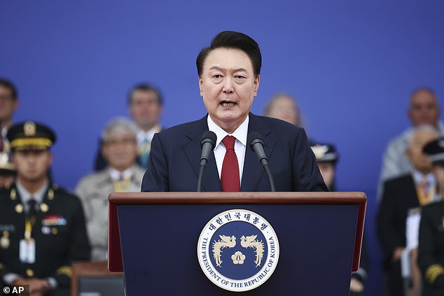 South Korean President Yoon Suk Yeol delivers his speech during a celebration marking the 76th anniversary of the Korean Armed Forces Day in Seongnam, South Korea, Tuesday, October 1, 2024