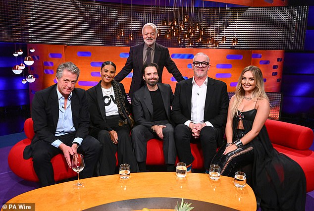 The Tears singer was joined on BBC One's famous red sofa by (L-R) Hugh Grant, Neneh Cherry, Sebastian Stan and Greg Davies