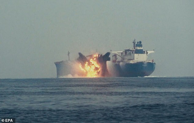 A shocking clip captured the moment the Panamanian-flagged Cordelia Moon went up in flames as a massive explosion ripped through the port side tank