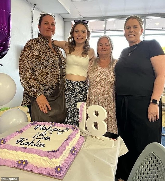 Ray is pictured on her 18th birthday in January with her aunt Bobbi, grandma Gwen and mother Lisa