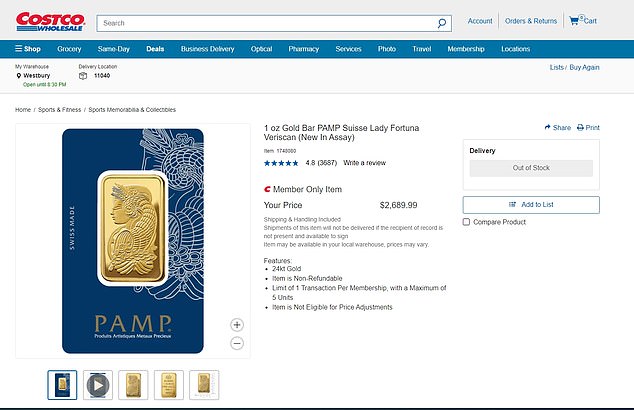 When Costco started selling gold bars in September 2023, they cost about $1,949.99. Although out of stock on the website this week, they were listed for $2,689.99 - an increase in value of $740