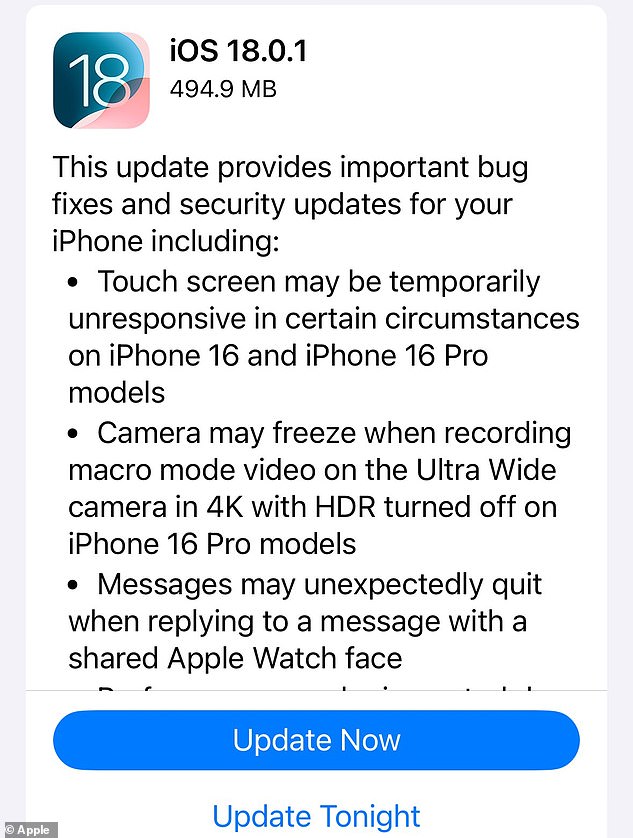 The iOS 18.0.1 update includes 