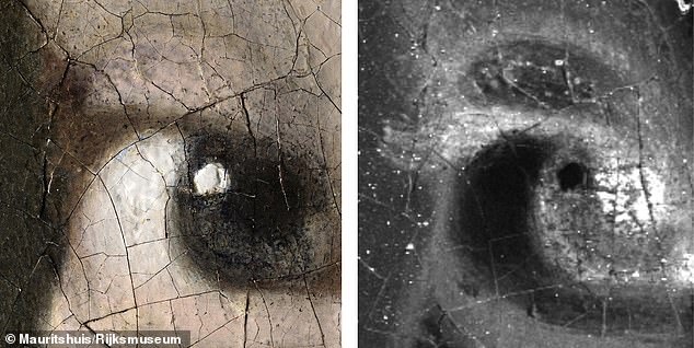 Although much of the painting remains vague and hazy, Vermeer includes extremely fine detail in the areas intended to draw attention. These microscope photos show how Vermeer even painted eyelashes that are only visible with X-rays (right)