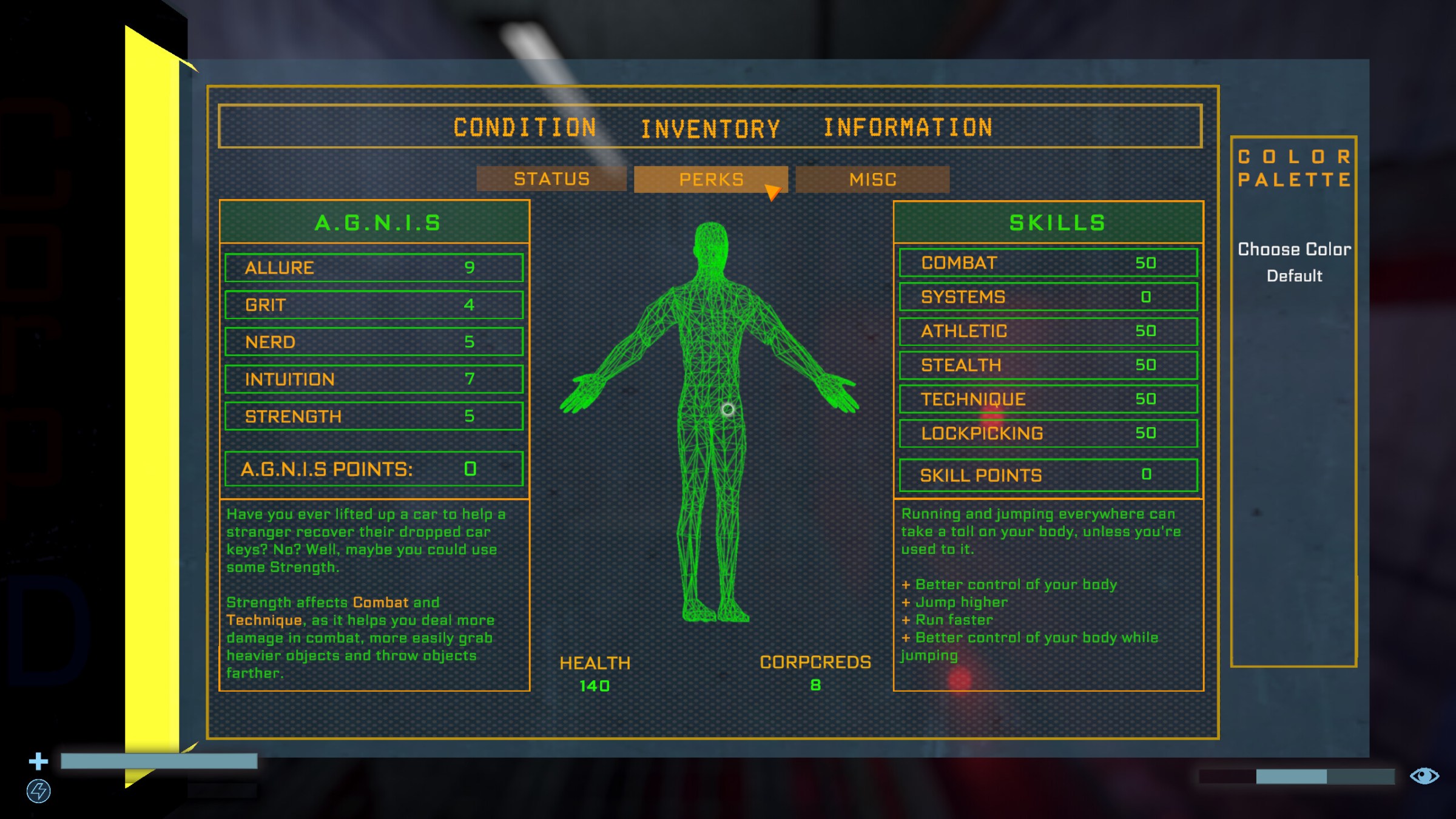 The character stats screen in Corpus Edax, which shows a character's stats and skills via a 3D mesh of the human body.