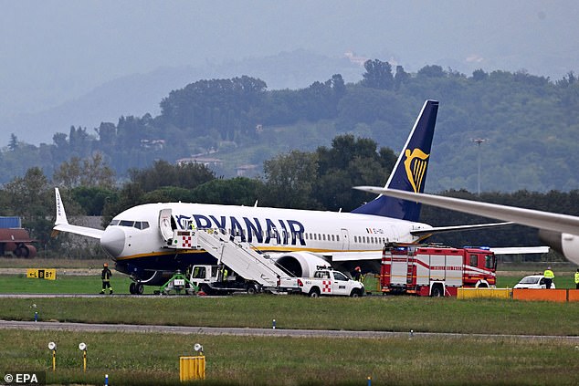 Pictured: a Ryanair flight FR846 arriving from Barcelona El Prat, on the runway of Orio al Serio Airport, in Bergamo, Italy on October 1, 2024