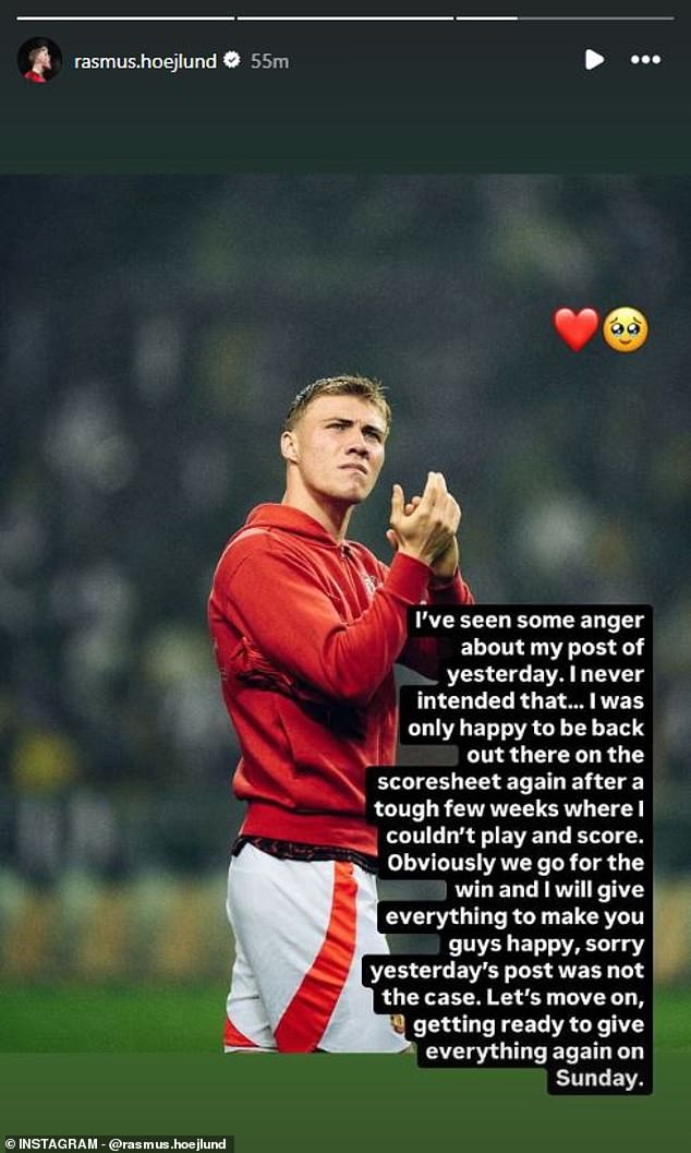 Hojlund responded to fans he had angered with his post-match Instagram post