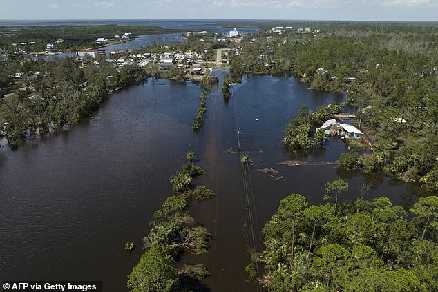 This aerial photo taken on September 27, 2024 shows a flooded street after Hurricane Helene made landfall in Steinhatchee, Florida