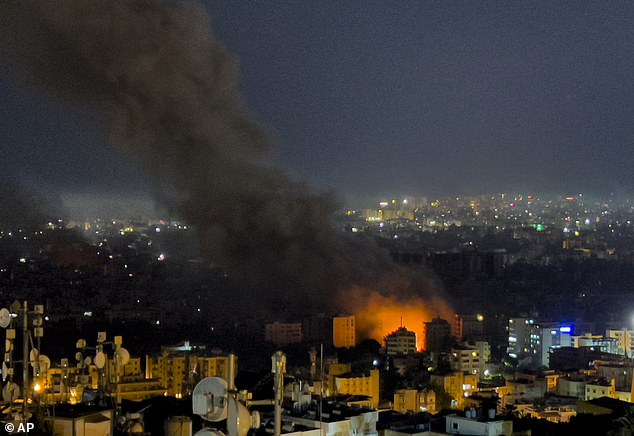 Flames and smoke rise from Israeli airstrikes in Dahiyeh, Beirut, Lebanon