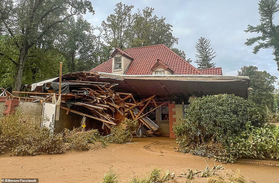 The 8,000-acre Asheville property suffered severe flooding, leading to the destruction of some buildings on the property. One of the destroyed outbuildings is shown