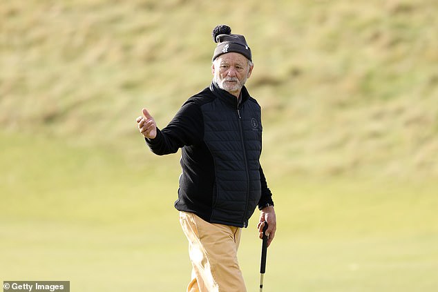 Bill Murray had a contrasting afternoon but made sure he stood out in bright yellow trousers and a black puffer coat