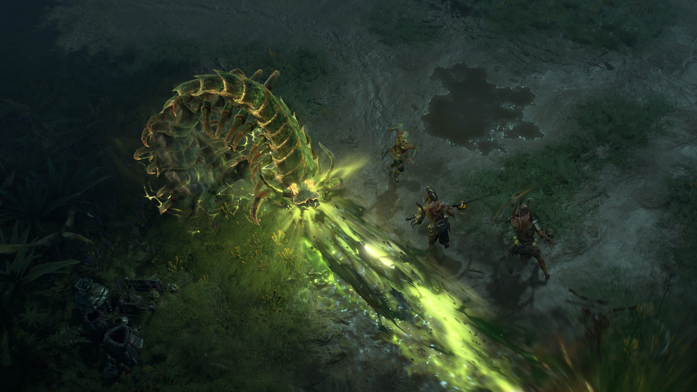 A giant centipede with green ghosts spits poison at enemies in Diablo 4: Vessel of Hatred