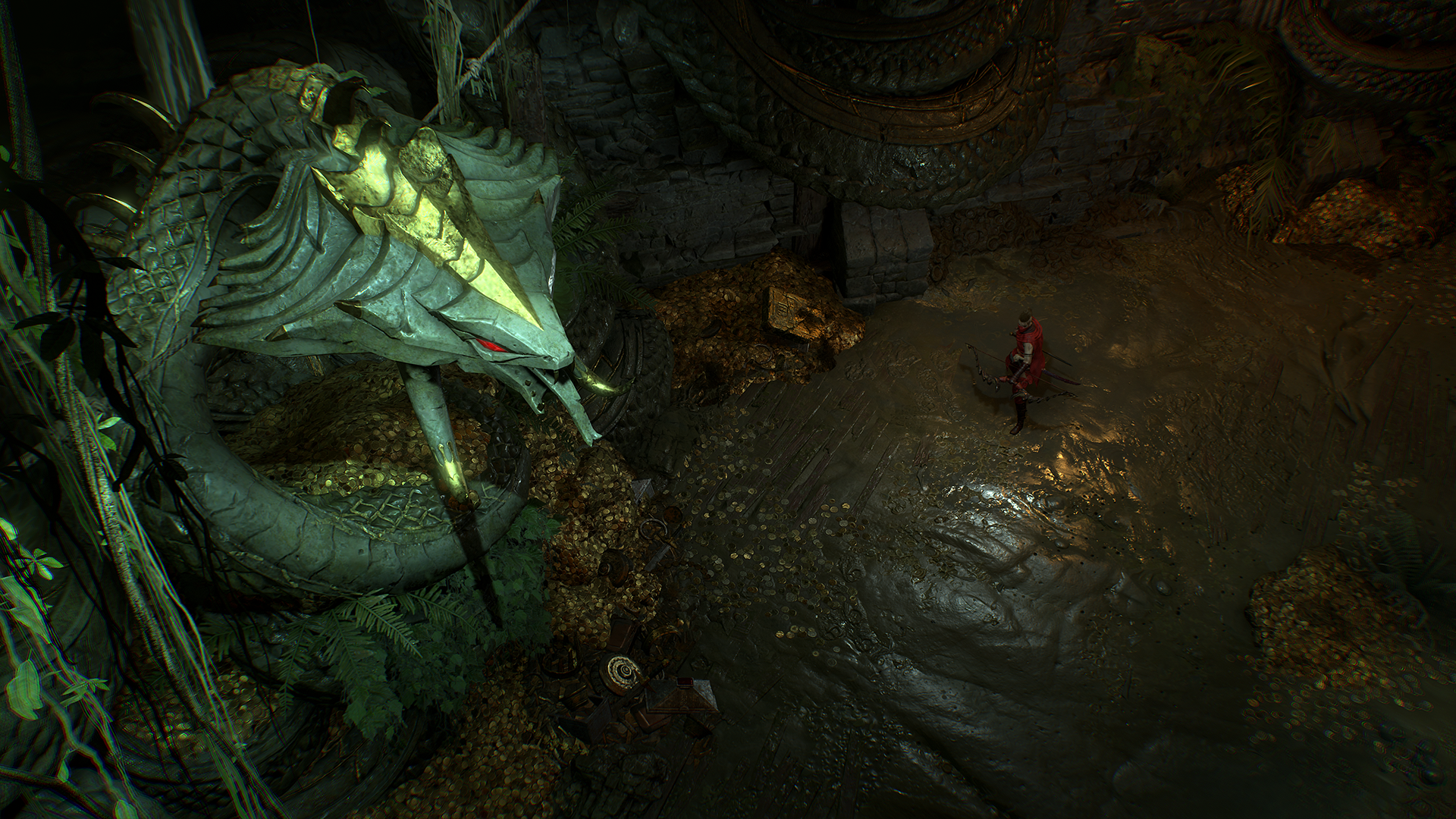 An adventurer stands in a dungeon overshadowed by a huge snake statue in Diablo 4: Vessel of Hatred