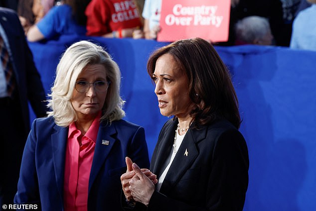 Democratic presidential candidate and U.S. Vice President Kamala Harris speaks as former Congresswoman Liz Cheney (R-WY) looks on