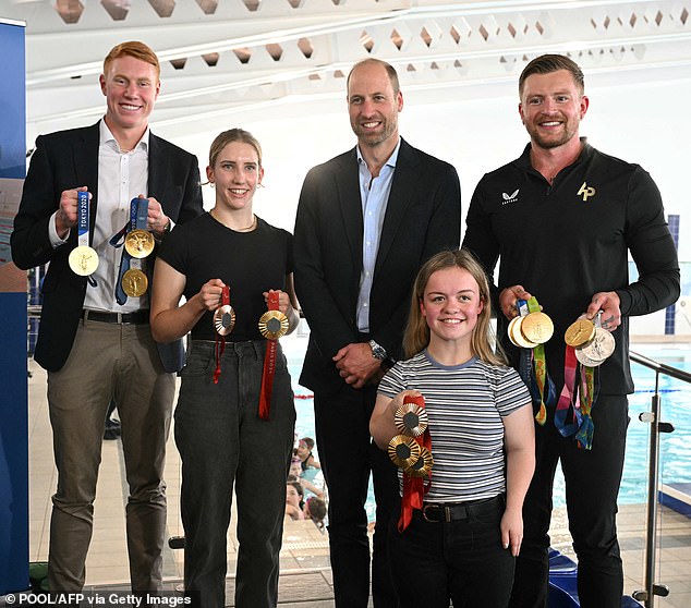 Britain's Prince William, Prince of Wales, poses for a photo with British Olympians and Paralympians Adam Peaty (R), Tom Dean (L), Maisie Summers-Newton (front right) and Louise Fiddes (2nd L)