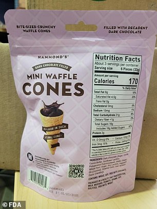 Mini waffle cones filled with dark chocolate (pictured here) from Hammond's Candies have been recalled due to undeclared milk