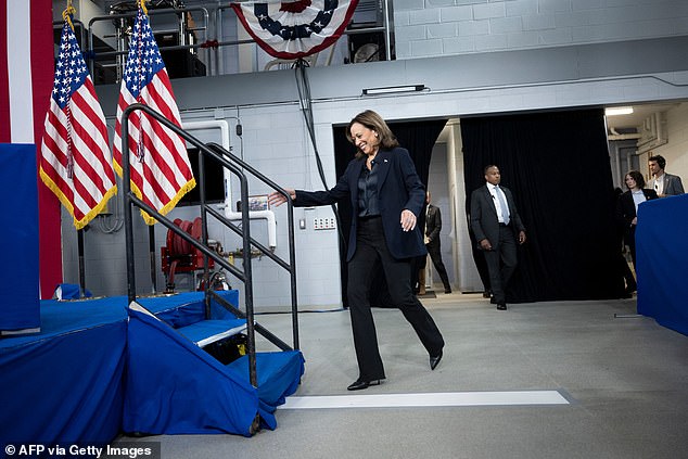 U.S. Vice President Kamala Harris arrives to speak with supporters at the Redford Fire Department on October 4, 2024 in Redford, Michigan.