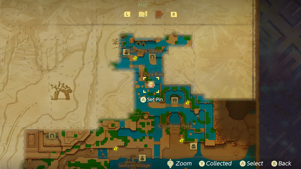 A map shows the location of Zora River Cave, where a golden egg is located in Zelda Echoes of Wisdom