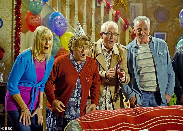 The TV star has enlisted his family to appear alongside him, with his wife Jennifer Gibney starring as his on-screen daughter Cathy (left, alongside Rory Cowan and Pat Shields)