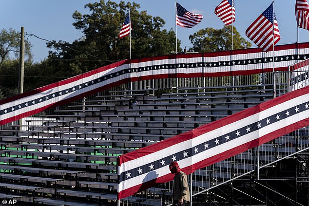 Grandstands are set up prior to a campaign event for Republican presidential candidate, former President Donald Trump, at the Butler Farm Show, Friday, October 4, 2024, in Butler, Pennsylvania