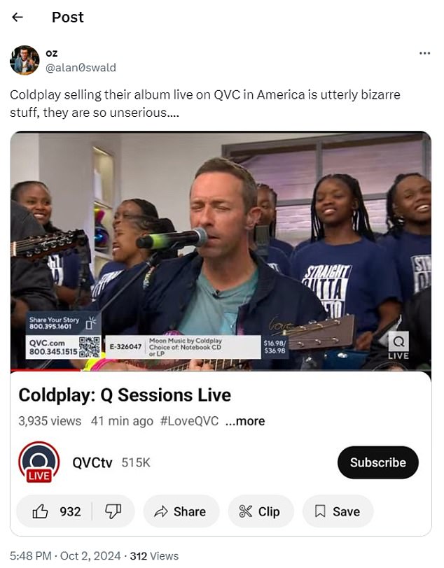 Yet numerous tweets describing Coldplay selling their album live on QVC in America as 'completely bizarre' and 'not serious'.