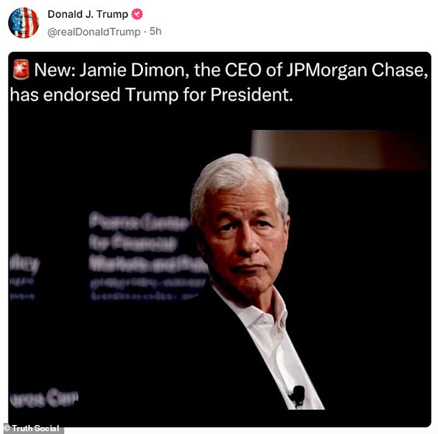 Social media began spreading the rumor that the billionaire had endorsed the former president, with Trump even sharing the alleged news on Truth Social. He reposted, without any comment or accreditation, an X-post saying Dimon supported him