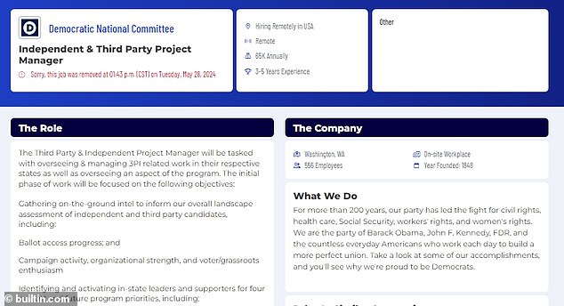 A DNC job posting posted in May and quickly removed was titled “Independent & Third Party Project Manager.”