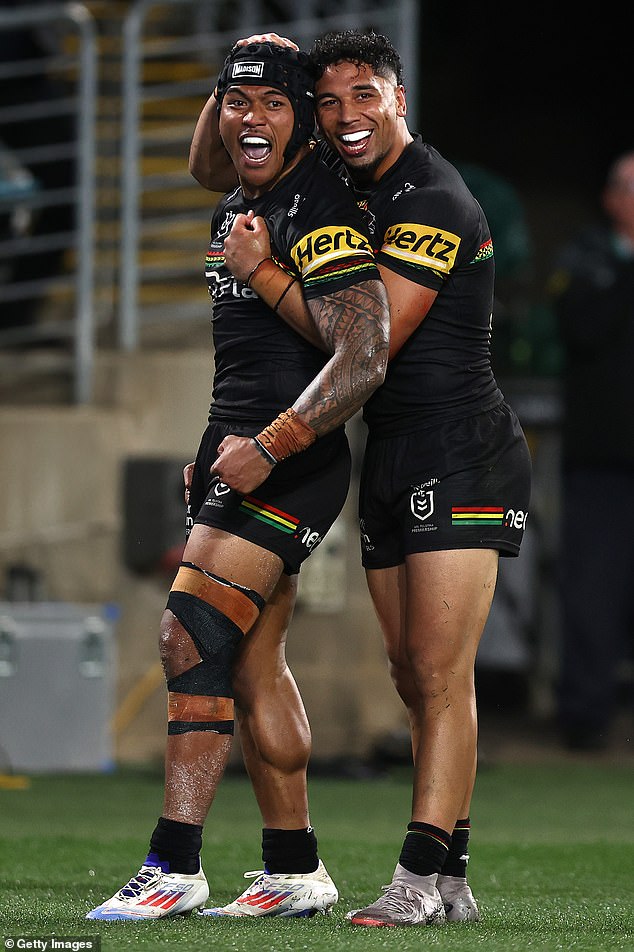 During the celebrations that followed, Jahrome Hughes appeared to mock the likes of Brian To'o (left) and former center Stephen Crichton for their Mt Druitt roots.