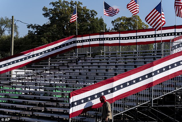 Grandstands are set up prior to a campaign event for Republican presidential candidate, former President Donald Trump, at the Butler Farm Show, Friday, October 4, 2024, in Butler, Pennsylvania