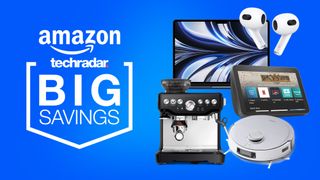 A MacBook Air, Apple AirPods, Echo Show 8, Breville coffee maker and robot vacuum cleaner are arranged on a blue background, next to the text 'big savings'