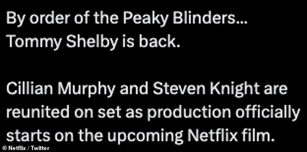 The caption read: 'On behalf of the Peaky Blinders...Tommy Shelby is back'