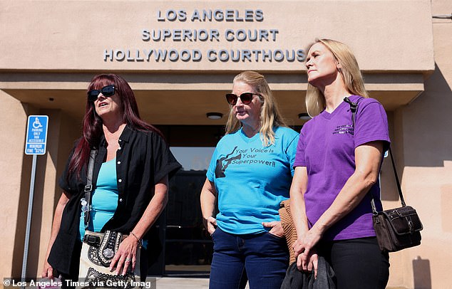 Valley residents Diane Swick, Cindy Farrow and Mary Jeters stand outside the courthouse as the hearing took place Tuesday