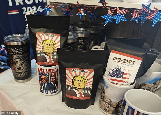 Trump merchandise available for purchase in-store includes Deplorable and #45 Blend coffee