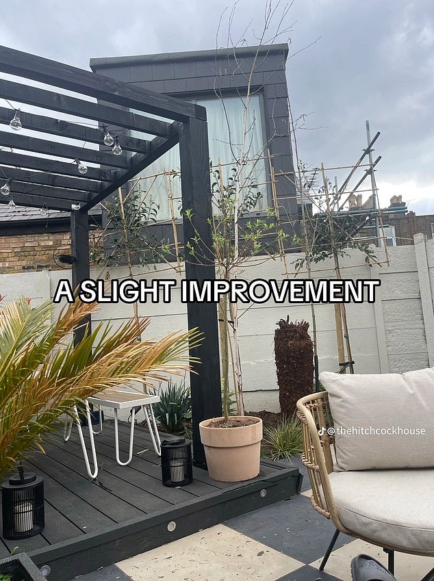 The couple tastefully installed garden furniture and planted their first few trees at the bottom of the garden before posting a new image with the caption: 'So 'operation hide the window' has begun'