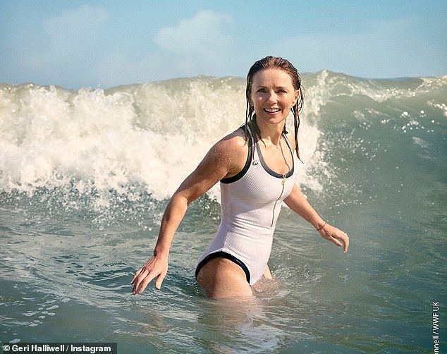 The Spice Girls star, 52, posted several stunning snaps of herself frolicking in the sea in a white swimsuit on her Instagram