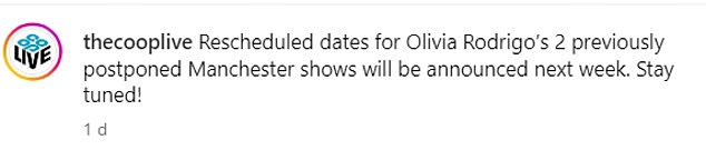 Both Olivia's Friday and Saturday shows in the city have been canceled and the venue has now revealed details of the rescheduled dates will be announced next week