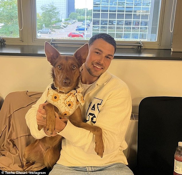 Tasha also shared a photo of her boyfriend Andrew with their dog Luna, who looked adorable in a sunflower harness