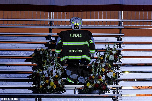 A memorial for Corey Comperatore, a retired volunteer fire chief who was shot and killed in the July assassination attempt on Republican presidential candidate and former US President Donald Trump, on the day of Trump's return in Butler, Pennsylvania, US, October 5, 2024