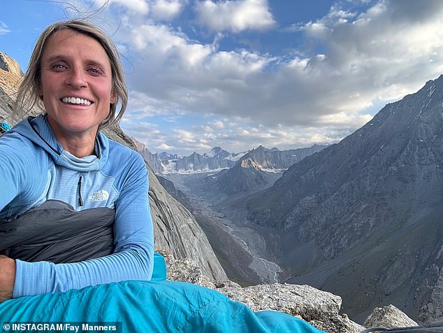 Fay pictured in her sleeping bag halfway up a mountain in Kyrgyzstan in August