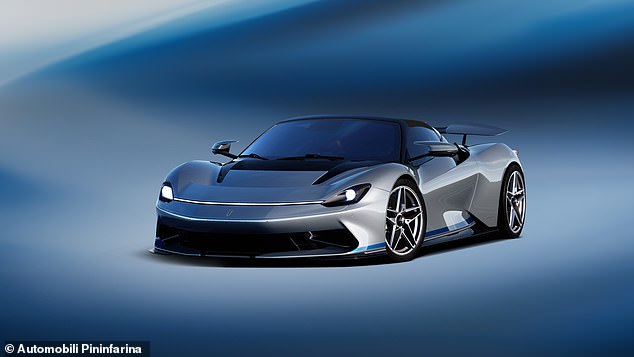 The Pininfarina Battista Targamerica has a silver-blue exterior with a brown interior