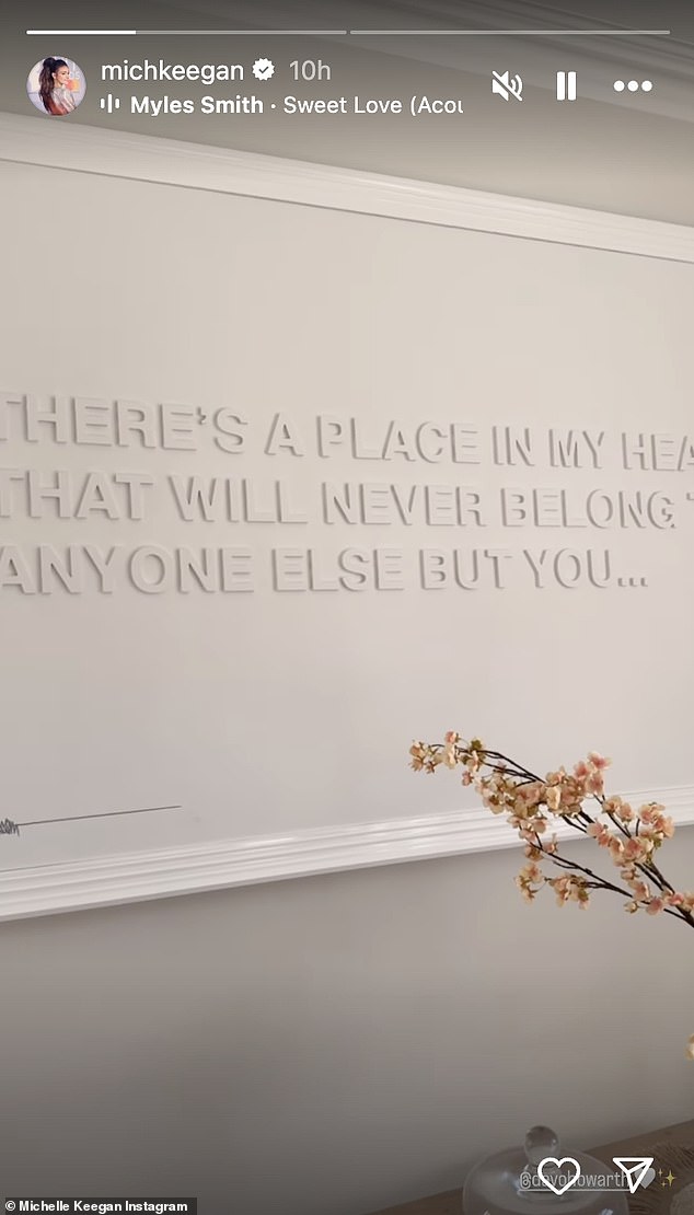 Taking to her Instagram Stories on Saturday, the former Coronation Street star shared a photo of the white panel hanging in the couple's kitchen, writing: 'There's a place in my heart that will never belong to anyone but you .'