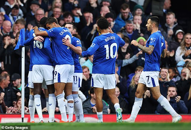 Everton's players celebrated Doucoure's goal, but it was ultimately disallowed by VAR