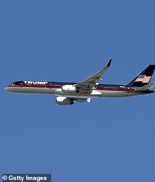 Close-up of Trump's plane flying over the rally