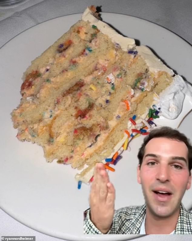 In his TikTok video, Nordheimer shows off the thin slices of cake the table of twelve each received