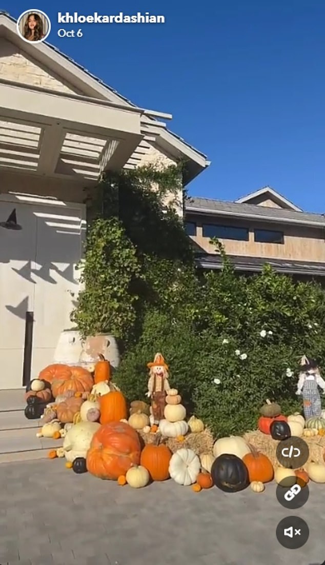 The Good American founder, 40, shared photos of her decorations on Snapchat on October 3, saying: 'We have a special guest at the front of the house'