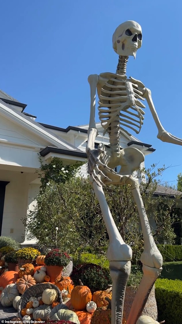 In the meantime. Kylie Jenner, 27, shared an image of a 10-foot-tall skeleton and an array of pumpkins on her Instagram Stories without comment