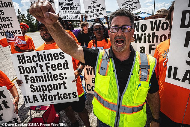 The talks now focus on the automation of ports, which unions say will lead to fewer jobs, and other bottlenecks. Pictured is Nick DeFresco, president of the International Longshoremens' Association