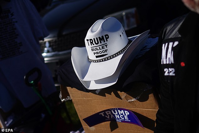 ats for sale outside the Butler Farm Show, where Republican presidential candidate and former US President Donald Trump spoke