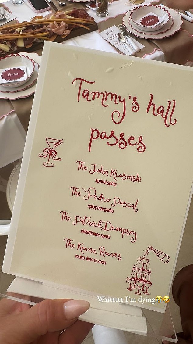 Another photo showed the cheeky drinks menu for the hens, titled 'Tammy's Hall Passes'