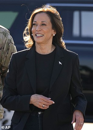 Kamala Harris meets with members of the military after receiving a briefing Saturday on the damage caused by Hurricane Helene