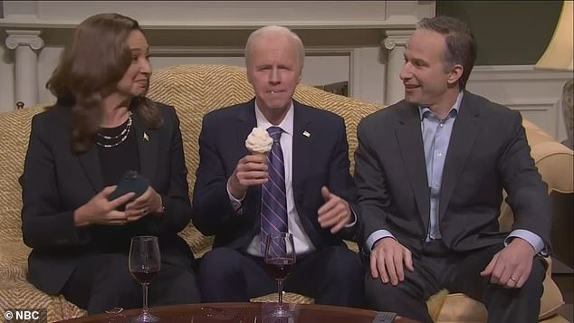 Maya Rudolph portrayed Kamala Harris, left, Dana Carvey impersonated a confused Joe Biden, center, while Andy Samberg took on Harris' husband Doug Emhoff, right